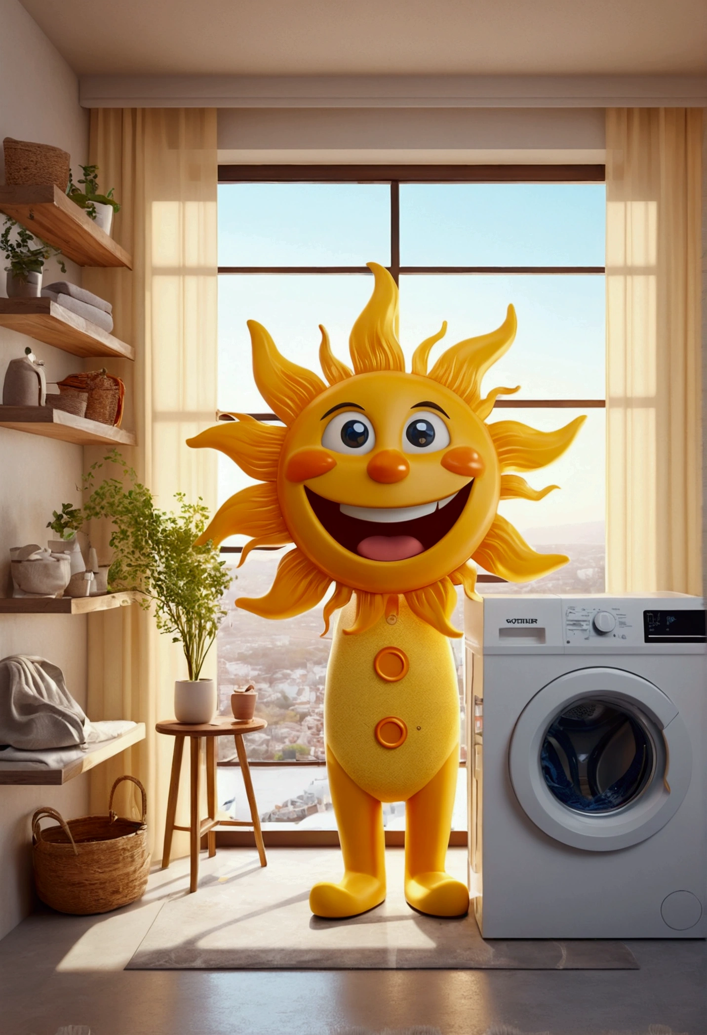 (design of character),Sun with enthusiasm and joy while standing in front of a washing machine, anthropomorphic sun, Mattresses are sun, smiling, big shiny eyes, Fantastic,Eccentric,similar to a fairy tale, super detailing, pixel style, vibrant with colors, soft natural light, solid color backdrop, 5-octane rendering, a gorgeous, Ultra Wide Angle, 8k, high realism, 8k