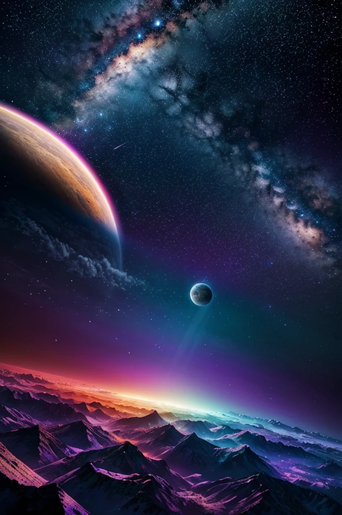Create an anime-style artwork that showcases a vibrant and colorful space scene. The centerpiece should be several large, detailed planets with unique features, such as rings, glowing atmospheres, or intricate surface patterns. Surrounding these planets, include swirling galaxies with bright, luminescent colors and dynamic shapes. The background should be filled with countless stars, nebulae, and cosmic dust, creating a rich and textured tapestry of space. Use a wide range of colors to bring the scene to life, from deep blues and purples to bright pinks, oranges, and greens.
Add shooting stars and comets streaking across the scene, leaving sparkling trails behind them. Include a few anime-style characters, perhaps floating or flying through space, with expressions of awe and wonder as they explore this fantastical universe. They could be wearing futuristic space suits with vibrant designs that match the overall color scheme.
Incorporate some mystical elements, such as floating crystal formations or ancient ruins on one of the planets, hinting at a hidden story or adventure. Make sure the overall composition feels dynamic and full of life, with a sense of depth and movement that draws the viewer into the cosmic landscape.