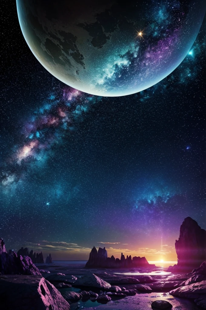 Create an anime-style artwork that showcases a vibrant and colorful space scene. The centerpiece should be several large, detailed planets with unique features, such as rings, glowing atmospheres, or intricate surface patterns. Surrounding these planets, include swirling galaxies with bright, luminescent colors and dynamic shapes. The background should be filled with countless stars, nebulae, and cosmic dust, creating a rich and textured tapestry of space. Use a wide range of colors to bring the scene to life, from deep blues and purples to bright pinks, oranges, and greens.

Add shooting stars and comets streaking across the scene, leaving sparkling trails behind them. Include a few anime-style characters, perhaps floating or flying through space, with expressions of awe and wonder as they explore this fantastical universe. They could be wearing futuristic space suits with vibrant designs that match the overall color scheme.

Incorporate some mystical elements, such as floating crystal formations or ancient ruins on one of the planets, hinting at a hidden story or adventure. Make sure the overall composition feels dynamic and full of life, with a sense of depth and movement that draws the viewer into the cosmic landscape.