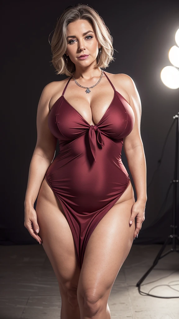 1 mature woman in, 60 years old, Alone, medium casual hair, Bob hair, curvy body, Looking at Viewer, grey hair, Bare shoulders, Brown eyes, jewely, Full body, a necklace, off shoulders, (wearing elegant patterned red heart tie dresses ), Distant photo, Realistic, A sexy one, beautiful colour, Perfect skin, 3 bust size, instagram (Realistic, A high resolution),photo size 3:4, 1 cute sexy mature woman, large expressive blue eyes, happy, (8K, raw photo, Best quality, High detail, curvaceous forms, curvy body, seductive pose, in the studio Foto with three ports lighting, with black wall background. Her back is turned to the photographer. 