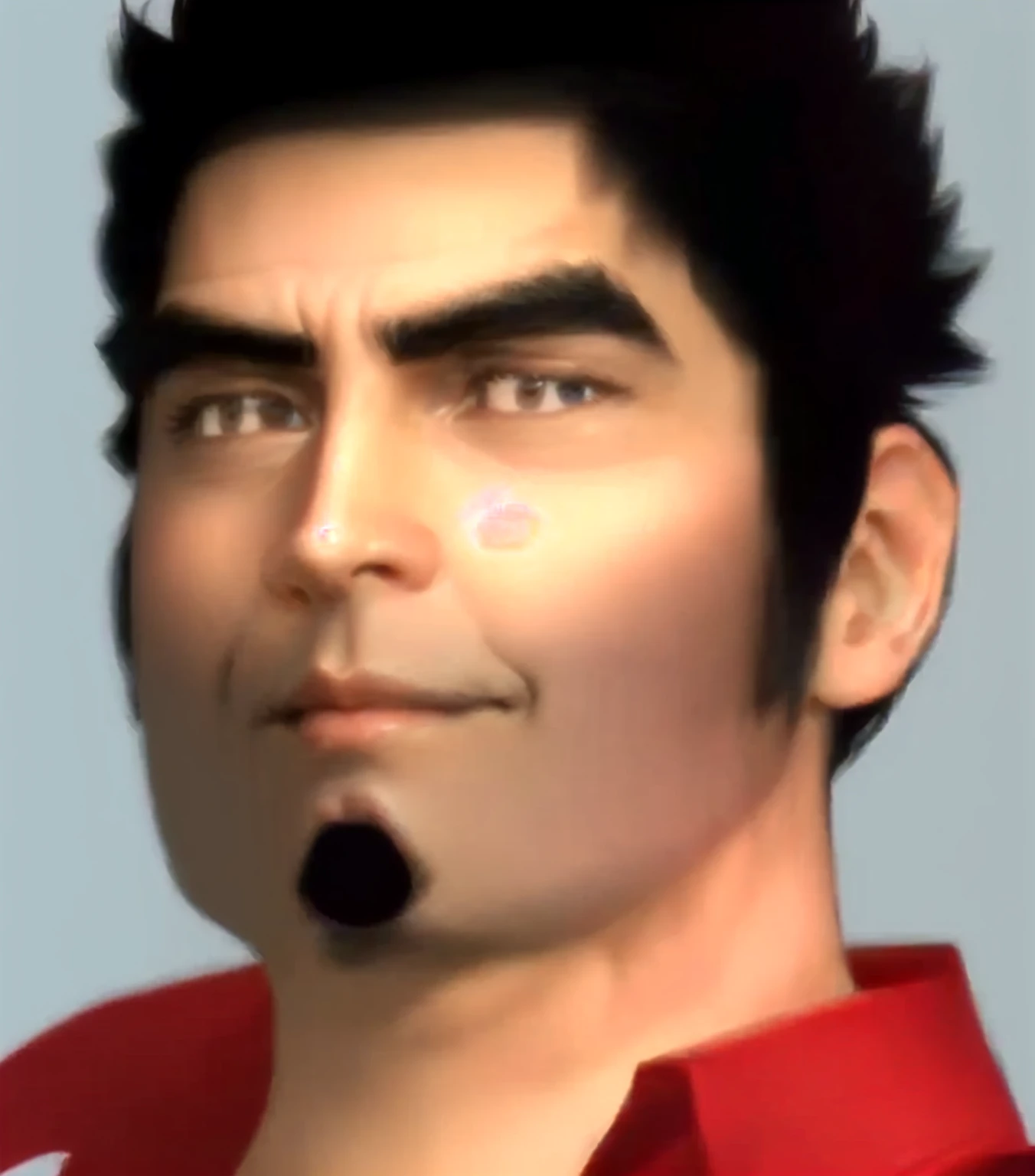 (a yankee MAN), he's European, dark hair, brown eyes, (eyes turned to look at the camera), swedish, as a character in Out Run 2, of SEGA, 3D CG from the 2000s, Wolf, 2k, 2 k, (( happy curious face)), realistic, render of rich braggart man, elegant shirt. fighting game character, , bright clean face, black goatee, from devil may cry, cunning wide open eyes, smirk, he knows he's the best