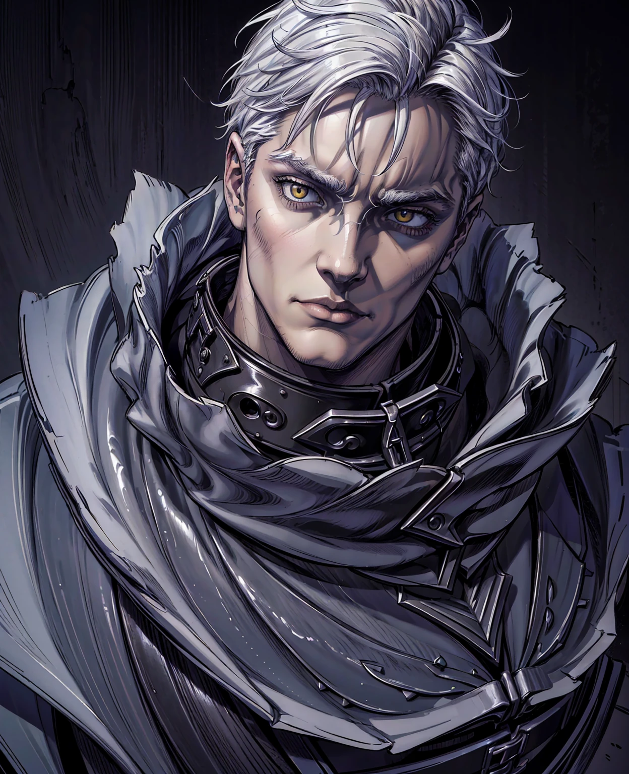 A young man with white hair and yellow eyes, detailed portrait, beautiful detailed eyes, beautiful detailed lips, extremely detailed face, long eyelashes, intricate facial features, confident expression, wearing a black leather jacket, cinematic lighting, dramatic chiaroscuro, dark moody colors, high contrast, digital art, cinematic style, 8k, high resolution, photorealistic, masterpiece