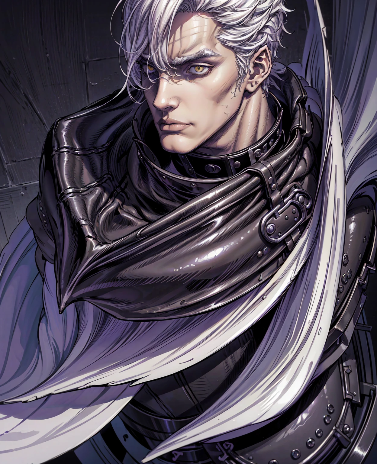 A young man with white hair and yellow eyes, detailed portrait, beautiful detailed eyes, beautiful detailed lips, extremely detailed face, long eyelashes, intricate facial features, confident expression, wearing a black leather jacket, cinematic lighting, dramatic chiaroscuro, dark moody colors, high contrast, digital art, cinematic style, 8k, high resolution, photorealistic, masterpiece