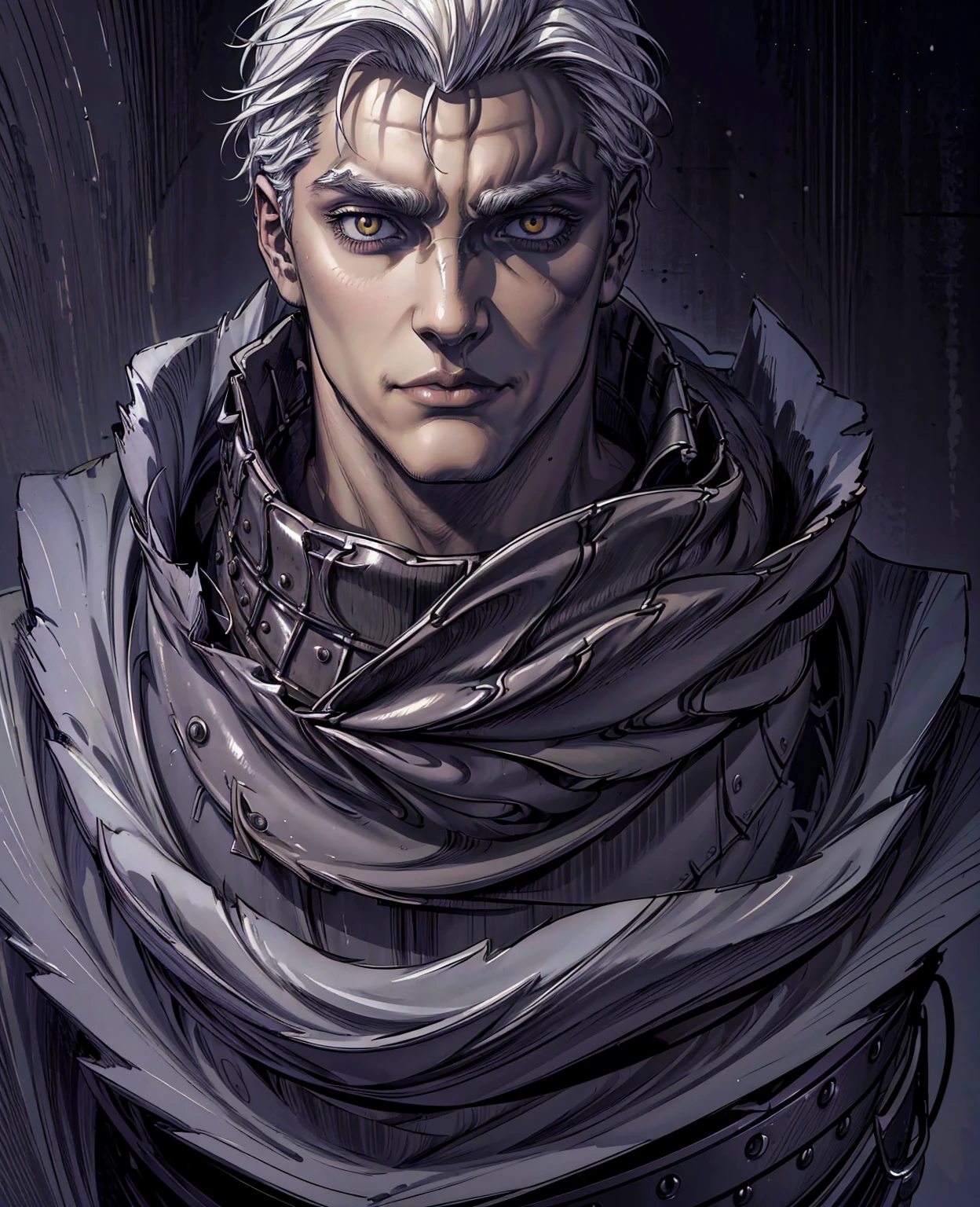A young man with white hair and yellow eyes, detailed portrait, beautiful detailed eyes, beautiful detailed lips, extremely detailed face, long eyelashes, intricate facial features, confident expression, wearing a black leather jacket, cinematic lighting, dramatic chiaroscuro, dark moody colors, high contrast, digital art, cinematic style, 8k, high resolution, photorealistic, masterpiece