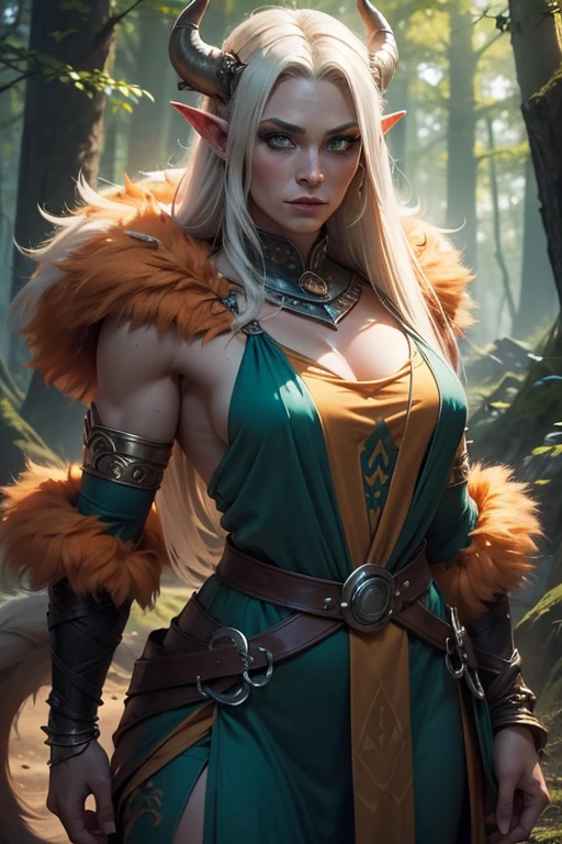 a woman with horns, platinum blonde, pale green eyes, female troll shaman, muscular female druid, a very beautiful berserker woman, female druid, female orc forest druid. wearing orange fur, teal green dress, shoulder armor, pelvic curtain. super high quality, super high detail, masterpiece, 4k, 8k, HDR, detailed face, beautiful face, orange skin, orange fur