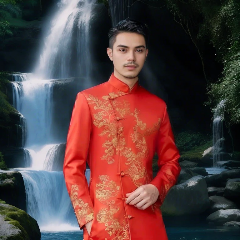 Haraf man, a Southeast Asian man with a round face., Mohawk hair, The face is bright and shiny., Double eyelids, Big eyes, black eyes, has exceptionally black hair, pitch black, In the background is a large waterfall., The evening sun shines beautifully., David Marquez, Andrew Gonzalez, A thin man with light tan skin., inspired By Robbie Trevino, Headshot profile picture, inspired By Adam Dario Kiel, Christian Orrillo, Daniel Mirante, By Adam Dario Kiel, By Robbie Trevino, Rick Dai, Joel Torres, with mountains as the background