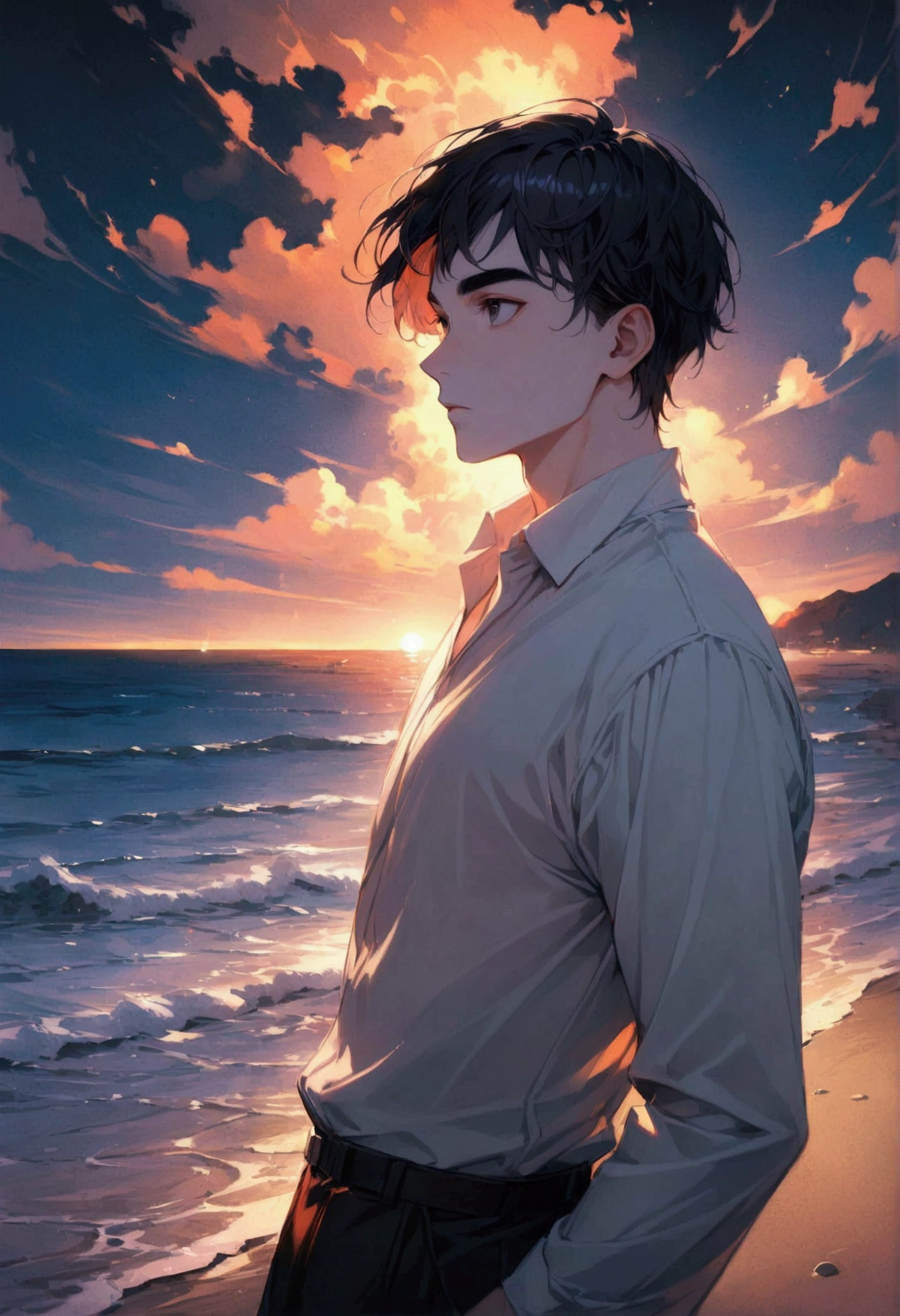 a guy with short black hair with bangs, black eyes, a western face, dark eyebrows, white skin, wearing a white shirt and trousers. stand on the beach and look into the distance.