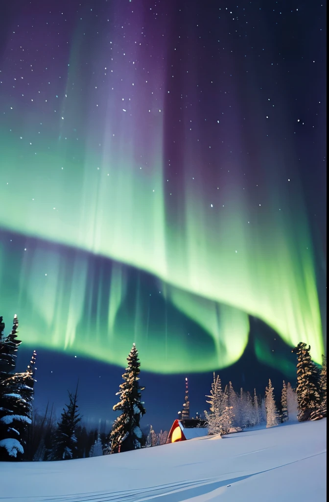 northern lights falling snow