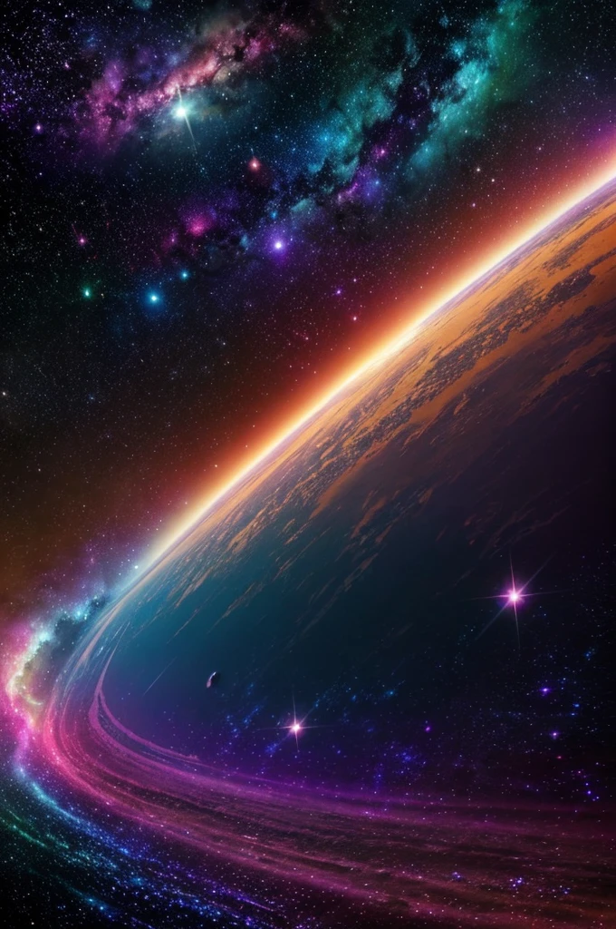 Create an anime-style artwork that showcases a vibrant and colorful space scene. The centerpiece should be several large, detailed planets with unique features, such as rings, glowing atmospheres, or intricate surface patterns. Surrounding these planets, include swirling galaxies with bright, luminescent colors and dynamic shapes. The background should be filled with countless stars, nebulae, and cosmic dust, creating a rich and textured tapestry of space. Use a wide range of colors to bring the scene to life, from deep blues and purples to bright pinks, oranges, and greens. Add a touch of whimsy and wonder to the composition, making it feel like a scene from a fantastical anime universe.