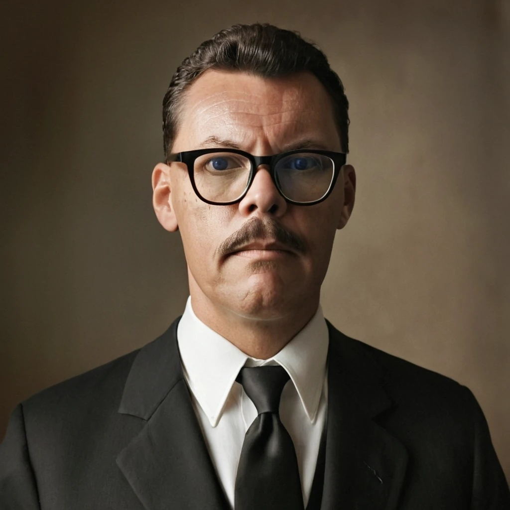 A highly realistic, RAW portrait of a man wearing glasses inspired by a vintage photograph. He has a neatly groomed mustache and short, wavy hair. His attire consists of a dark suit with a white shirt, reflecting an early 20th-century style. The man's expression is serious yet composed, and he gazes slightly off-camera. The background is subtly textured, giving a nostalgic, sepia-toned effect. The lighting is soft and even, emphasizing the historical ambiance and authenticity of the portrait.,gutto2024abr 