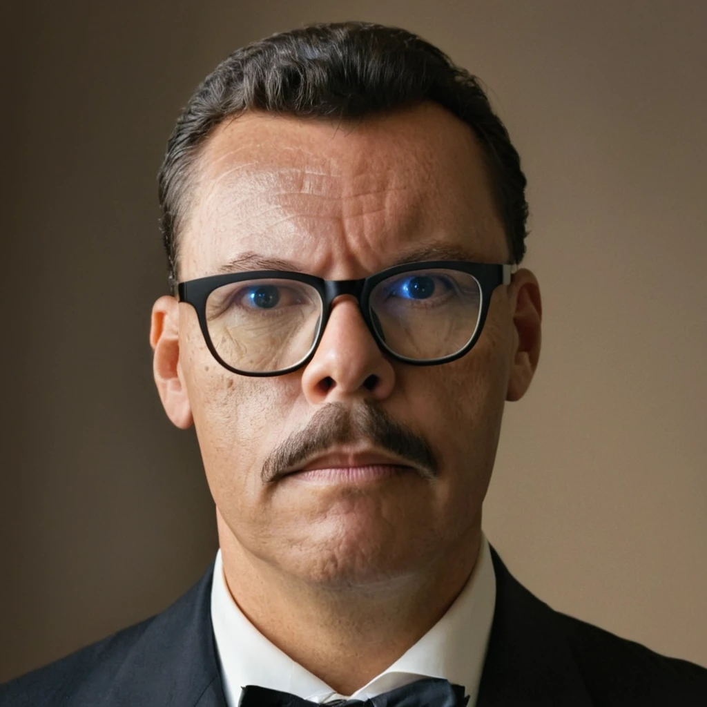 A highly realistic, RAW portrait of a man wearing glasses inspired by a vintage photograph. He has a neatly groomed mustache and short, wavy hair. His attire consists of a dark suit with a white shirt, reflecting an early 20th-century style. The man's expression is serious yet composed, and he gazes slightly off-camera. The background is subtly textured, giving a nostalgic, sepia-toned effect. The lighting is soft and even, emphasizing the historical ambiance and authenticity of the portrait.,gutto2024abr 