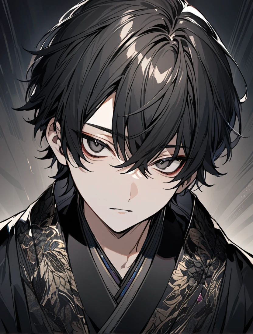 (black_hair), (short_hair), (deep_black_eyes), (Handsome), (Attractive), (male), (black_colored_kimono), (detailed_Hair), (detailed), (detailed_mouth), (r), (dark_under_eyes), (gem_like_eyes)