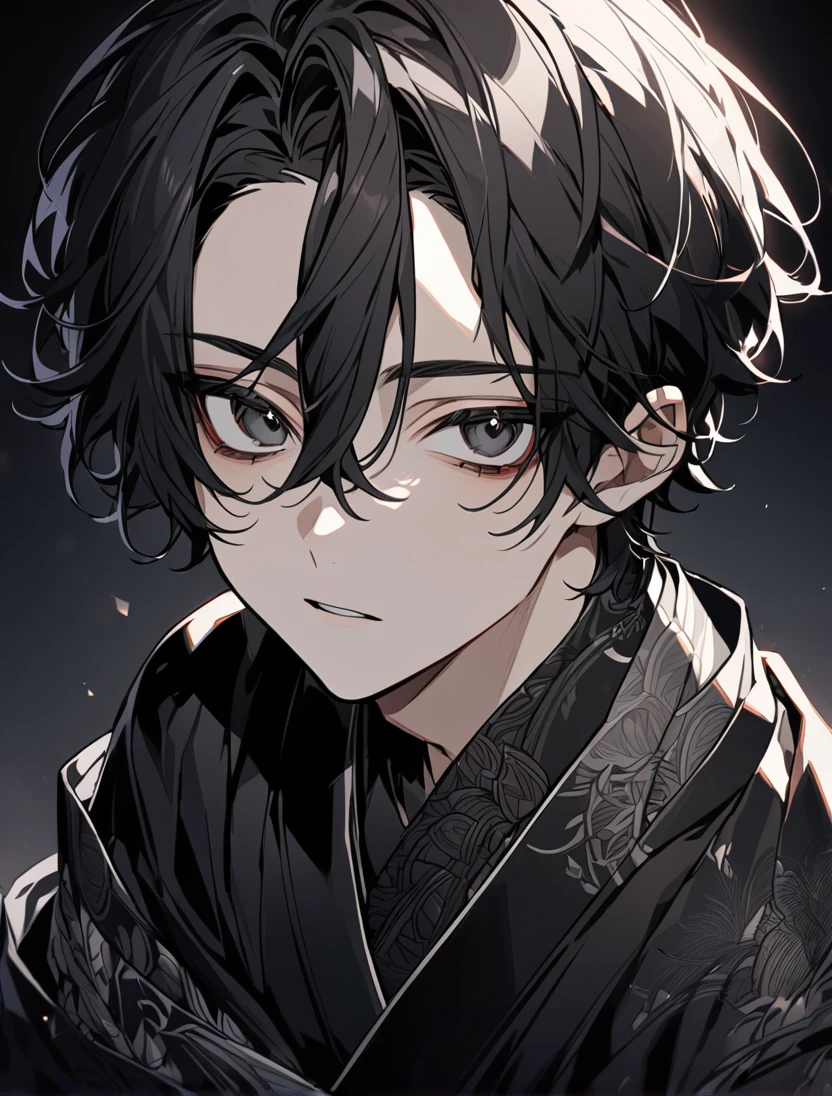 (black_hair), (short_hair), (deep_black_eyes), (Handsome), (Attractive), (male), (black_colored_kimono), (detailed_Hair), (detailed), (detailed_mouth), (r), (dark_under_eyes), (gem_like_eyes)