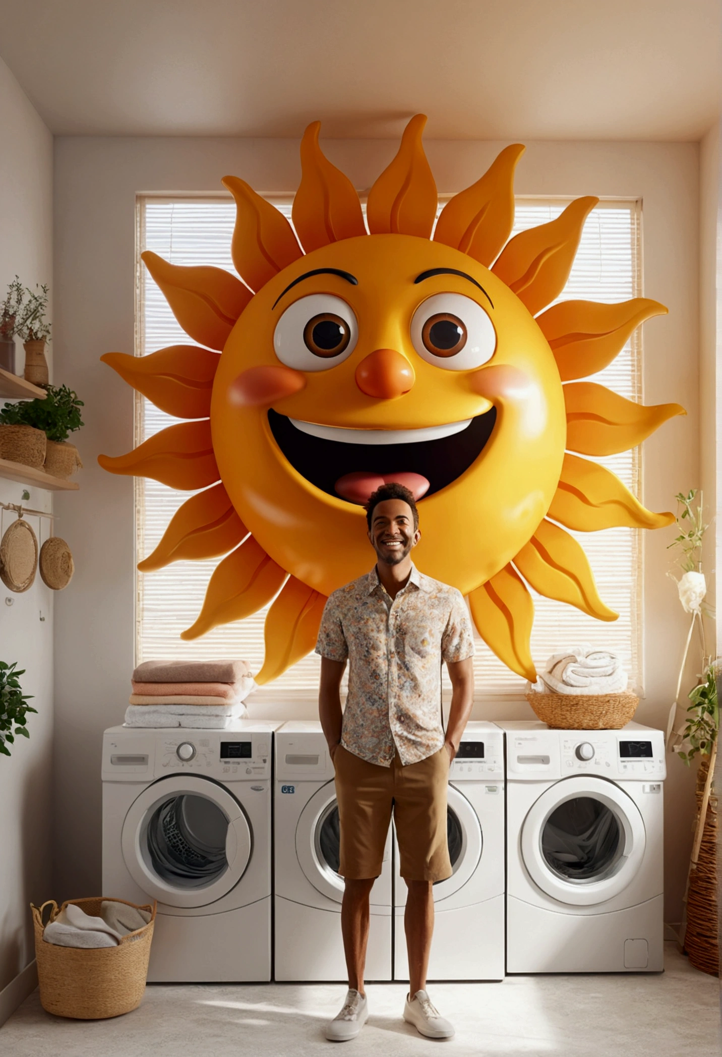 (design of character），Sun with enthusiasm and joy while standing in front laundry, anthropomorphic sun, Mattresses are sun, smiling, big shiny eyes, Fantastic，Eccentric，similar to a fairy tale, super detailing, pixel style, vibrant with colors, soft natural light, solid color backdrop, 5-octane rendering, a gorgeous, Ultra Wide Angle, 8k, high realism, 8k