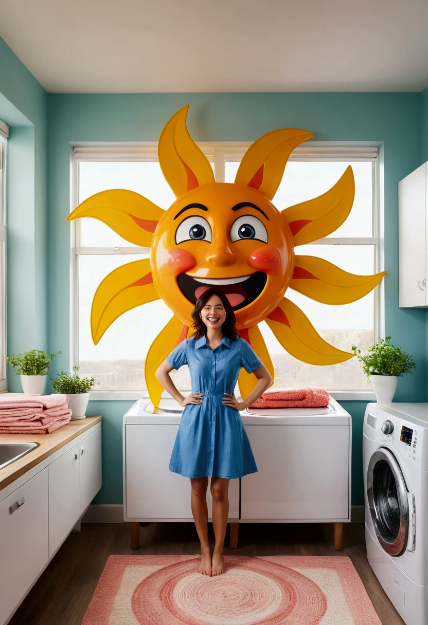 (design of character），Sun with enthusiasm and joy while standing in front laundry, anthropomorphic sun, Mattresses are sun, smiling, big shiny eyes, Fantastic，Eccentric，similar to a fairy tale, super detailing, pixel style, vibrant with colors, soft natural light, solid color backdrop, 5-octane rendering, a gorgeous, Ultra Wide Angle, 8k, high realism, 8k