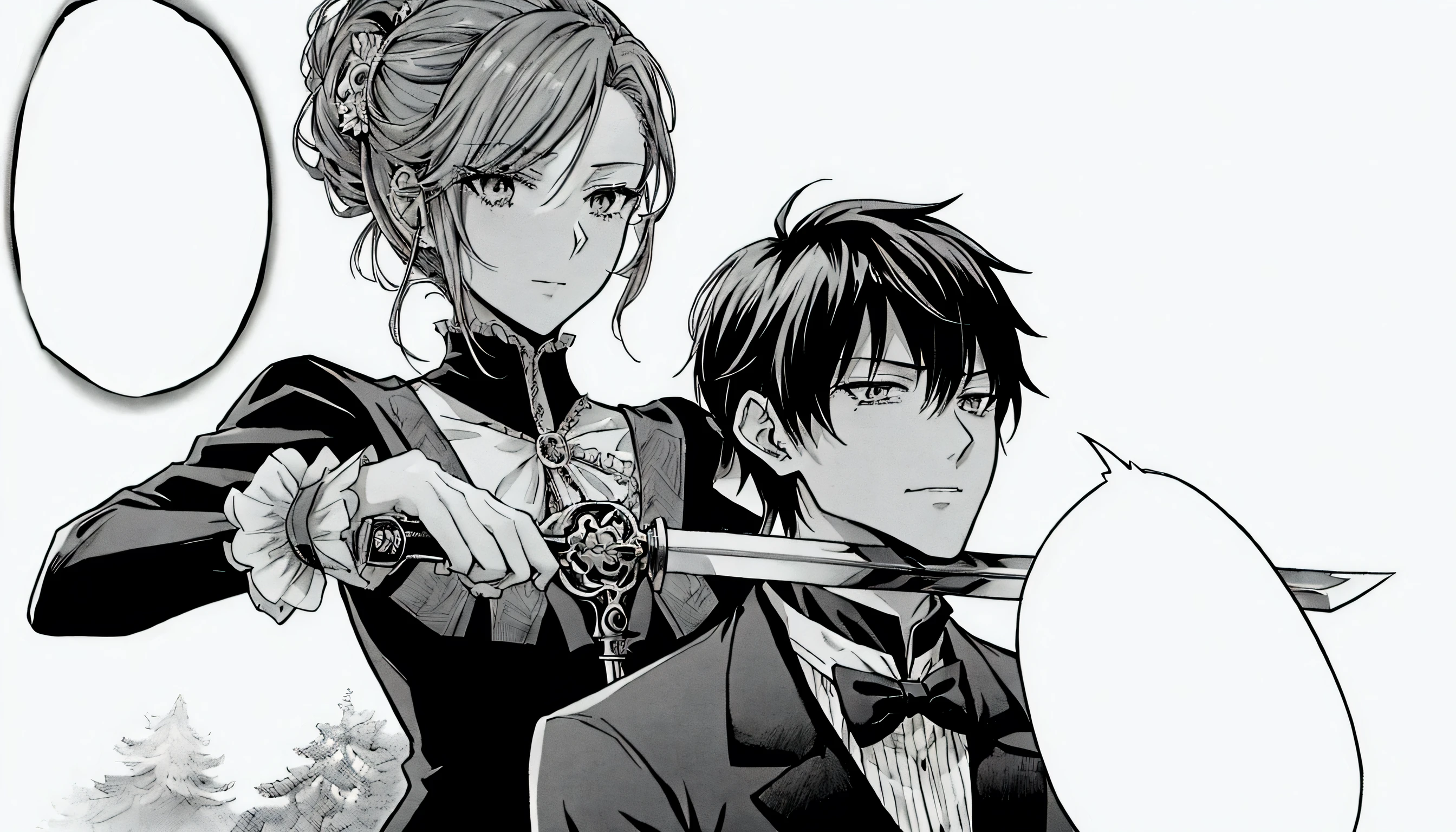 anime image of a man and woman in formal attire holding swords, black and white manga comic, by Eizan Kikukawa, both wearing victorian clothes, black and white manga, black and white manga style, black and white manga page, castle scene manga, black and white manga panel, anime key visual of elegant, award winning manga style, manga scans