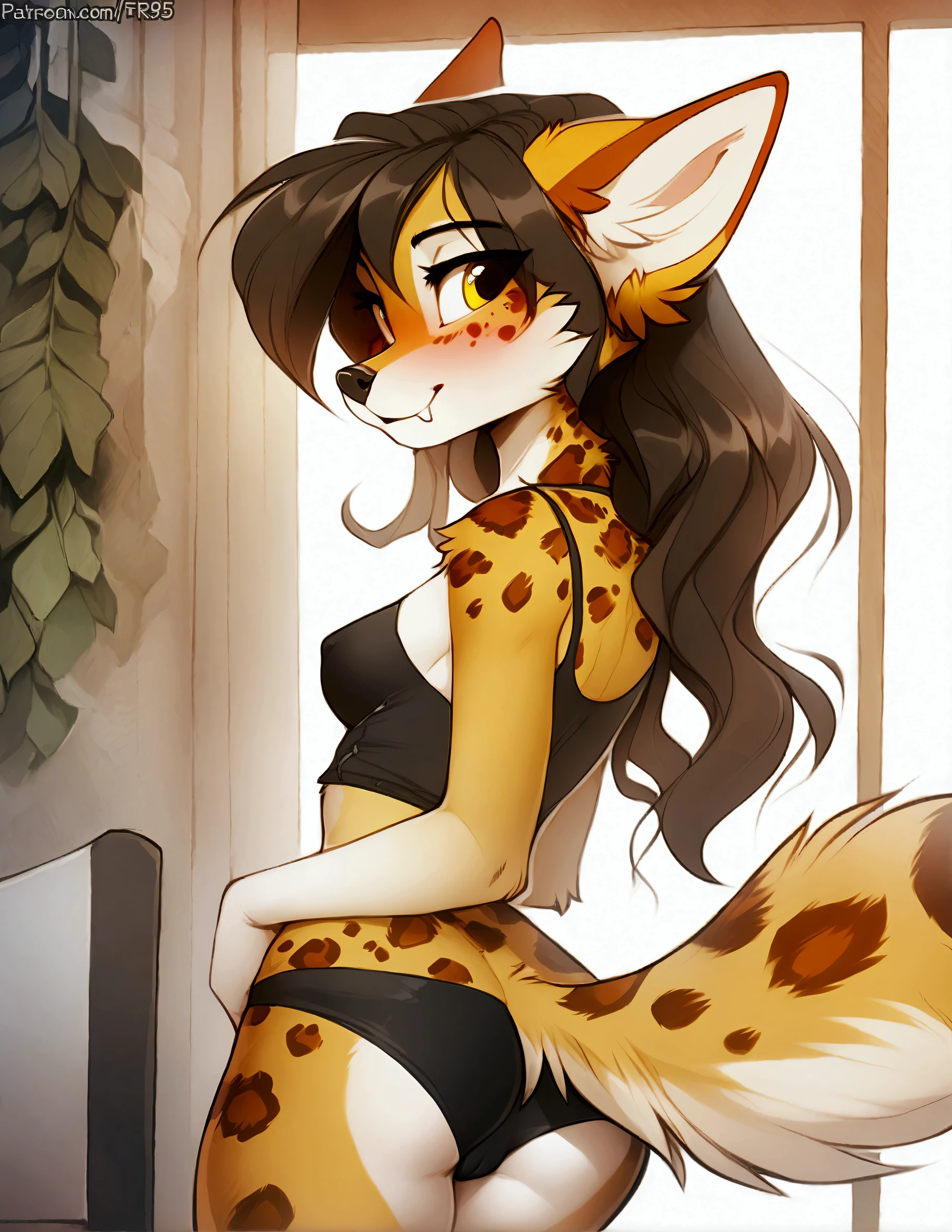 mammal, canid, canine, zero-sum, Iskra, F-R95, anthro, biped, spots, leopard_spots, detailed, flat_colors, shaded, cel_shading, side_view, hair, long_hair, straight_hair, big_eyes, fangs, camel_toe, inside, detailed_background, (masterpiece, best_quality:1.2), absurd_res, safe