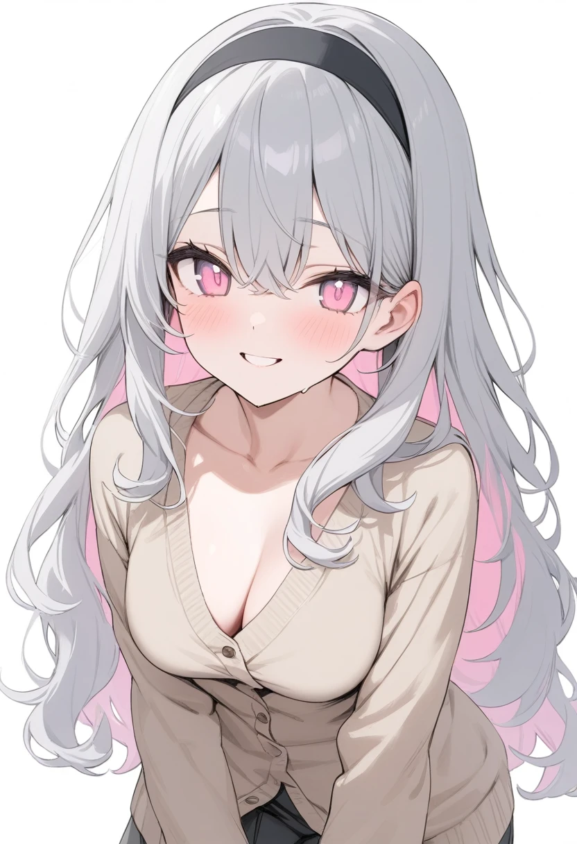 Simple Background,masterpiece,Highest quality,woman,smile,Wavy long hair,(Gray Hair),(Pink inner color),Cute eyes,Beautiful eyes,cardigan、Black headband、