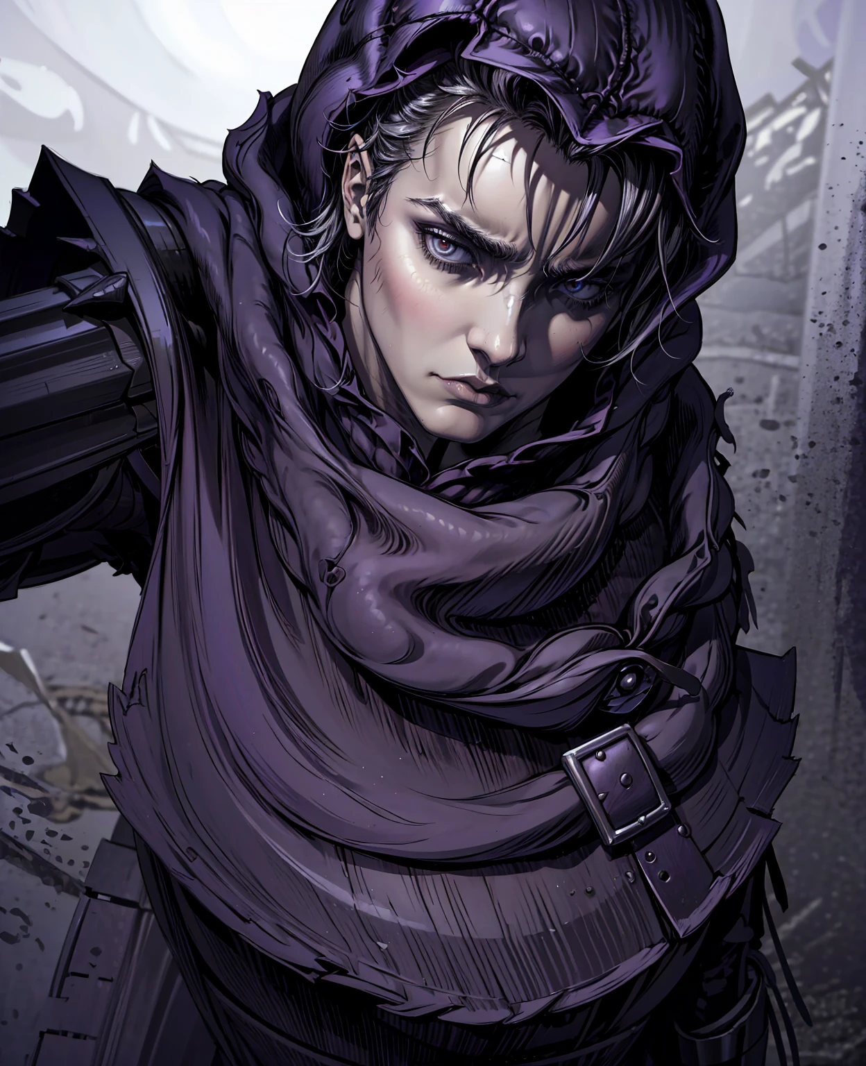 a dark and mysterious figure, intricate gothic outfit, hooded cloak, pale skin, intense gaze, sinister expression, dramatic lighting, moody atmosphere, dark fantasy, cinematic, chiaroscuro, muted tones, dramatic shadows, atmospheric, haunting, macabre, (best quality, 4k, 8k, highres, masterpiece:1.2), ultra-detailed, (realistic, photorealistic, photo-realistic:1.37)