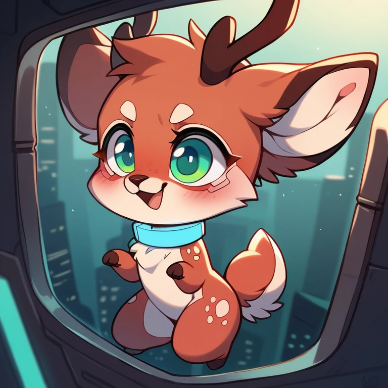 cute，furry，Collar，Tail, red deer, black antlers, small tail, chibi, , cute, fawn spots, begging, red fur, cyan eyes, red, red black and cyan color scheme, cyberpunk, cyberpunk deer, technology, glowing cyan spots,