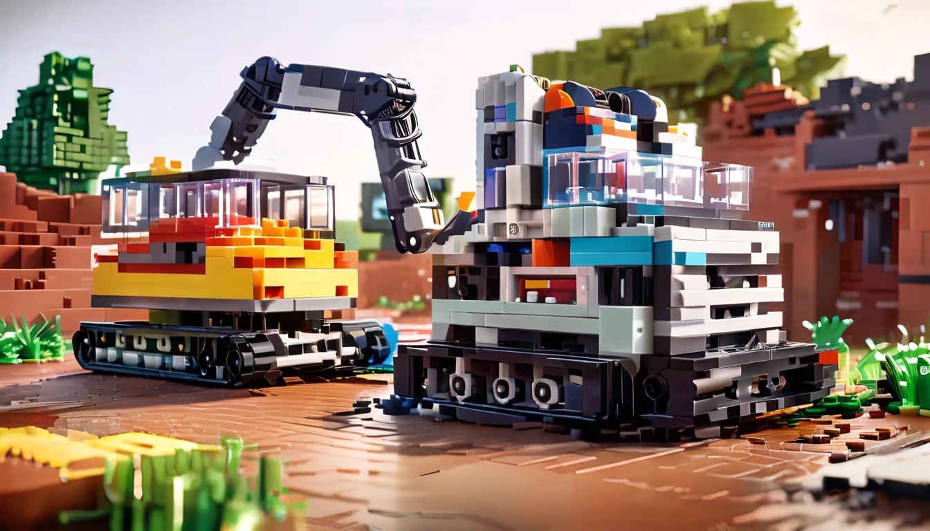 big lego pieces, lego bricks, there are many construction equipment that are on the grass, construction, construction yard, construction site, groundbreaking, Realistic Scene, 2 0 2 2 photo, robot in construction, photo rendering, um hyperrealisti, publicity photo, transportation design rendering, Digital rendering, muita construction, big tubes, hyperrealisti, hyperrealisti, highly photographic rendering