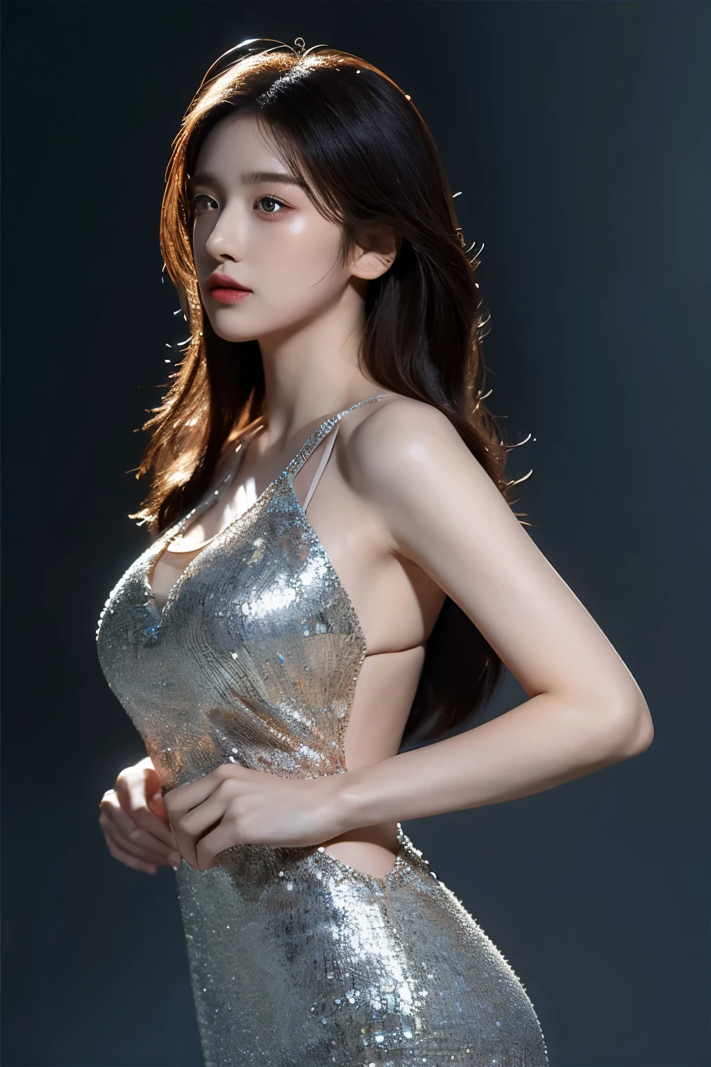 beautiful, masterpiece, best quality, Extremely detailed face,1 girl, Solitary，Glass dress，whole body