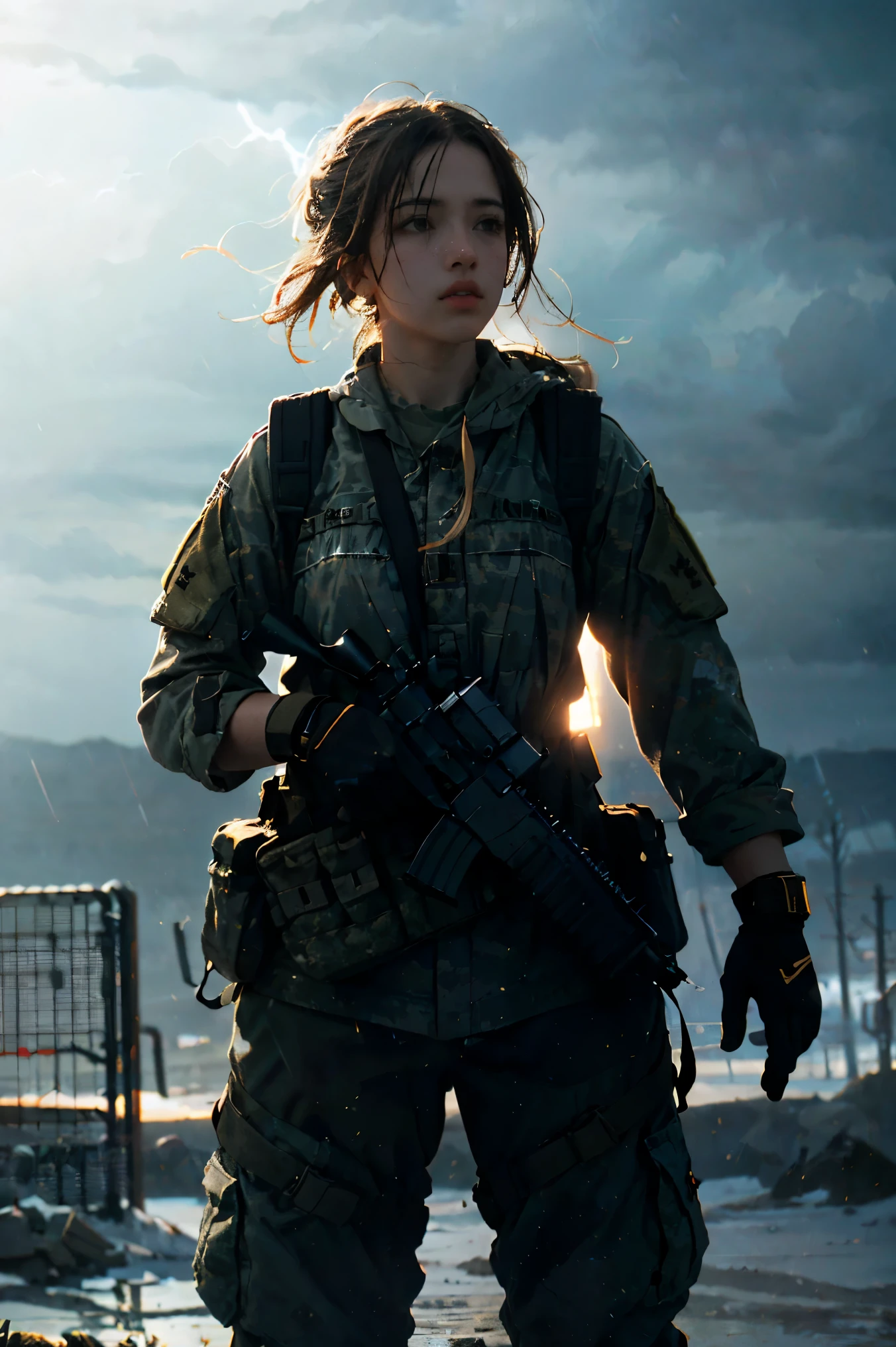 storm、A female soldier in combat uniform in the distance、, Surrealism, cinematic lighting, UHD, anatomically correct, award winning, best quality, highres, 8k