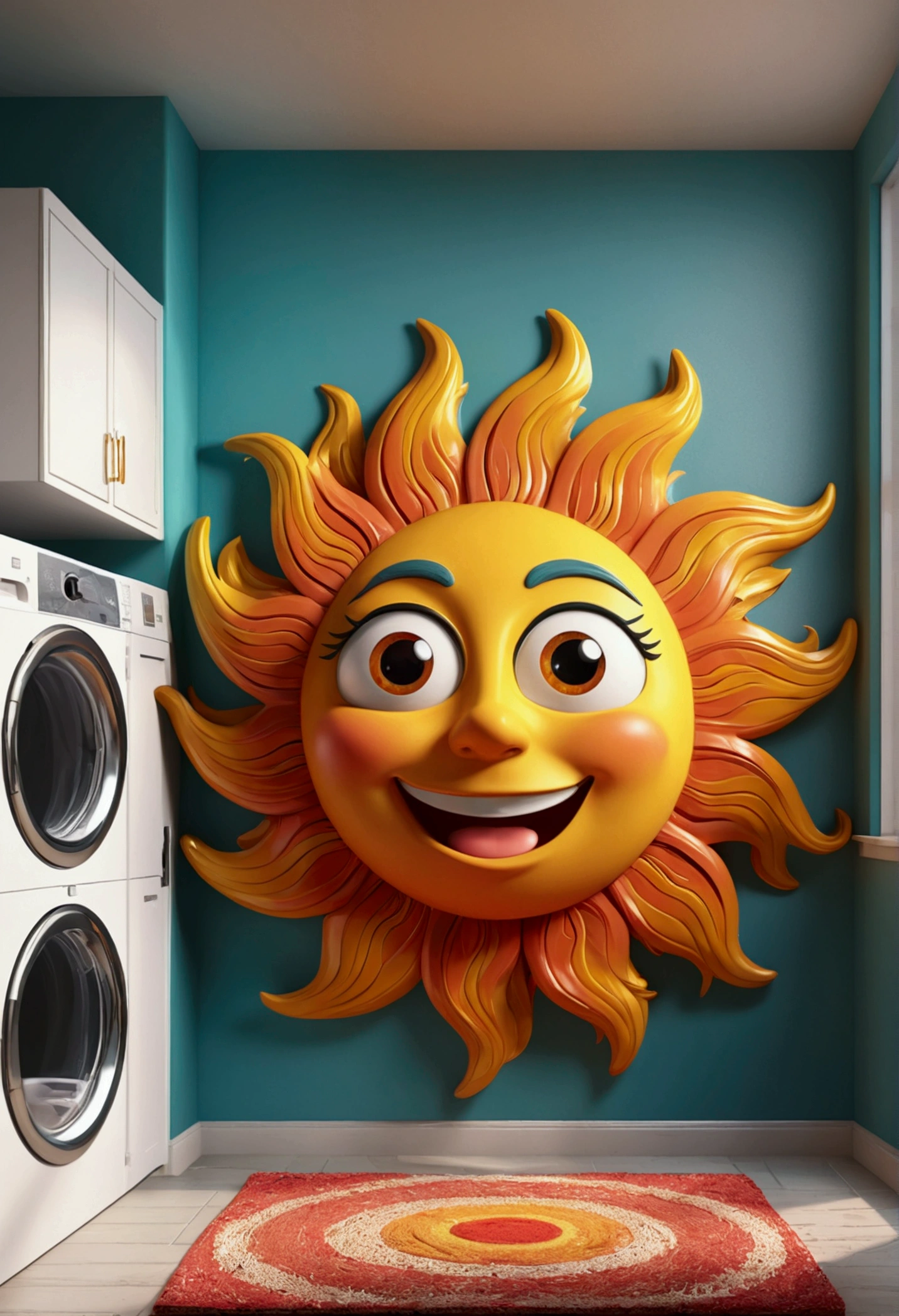 (design of character),persogagem animado Sun with enthusiasm and joy while standing in front laundry, anthropomorphic sun, Mattresses are sun, smiling, big shiny eyes, Fantastic,Eccentric,similar to a fairy tale, super detailing, pixel style, vibrant with colors, soft natural light, solid color backdrop, 5-octane rendering, a gorgeous, Ultra Wide Angle, 8k, high realism, 8k