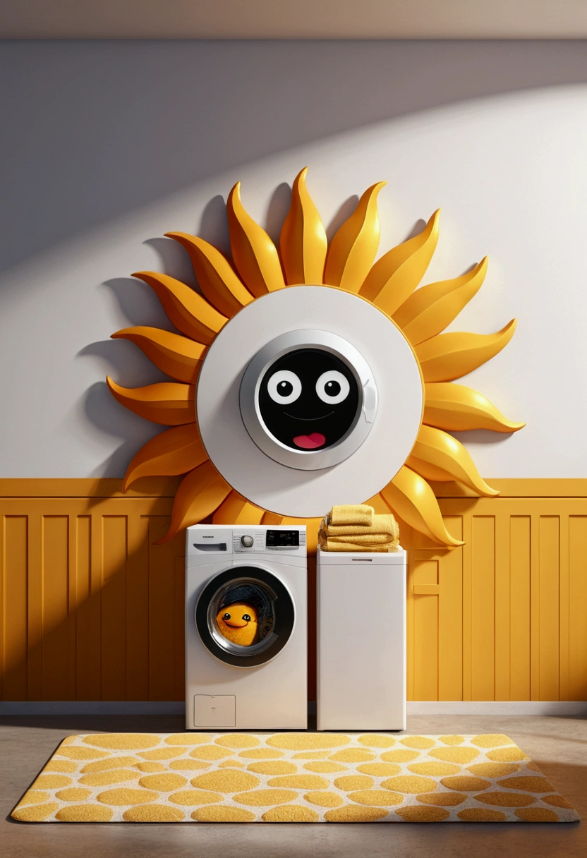 (design of character），persogagem animado Sun with enthusiasm and joy while standing in front laundry, anthropomorphic sun, Mattresses are sun, smiling, big shiny eyes, Fantastic，Eccentric，similar to a fairy tale, super detailing, pixel style, vibrant with colors, soft natural light, solid color backdrop, 5-octane rendering, a gorgeous, Ultra Wide Angle, 8k, high realism, 8k
