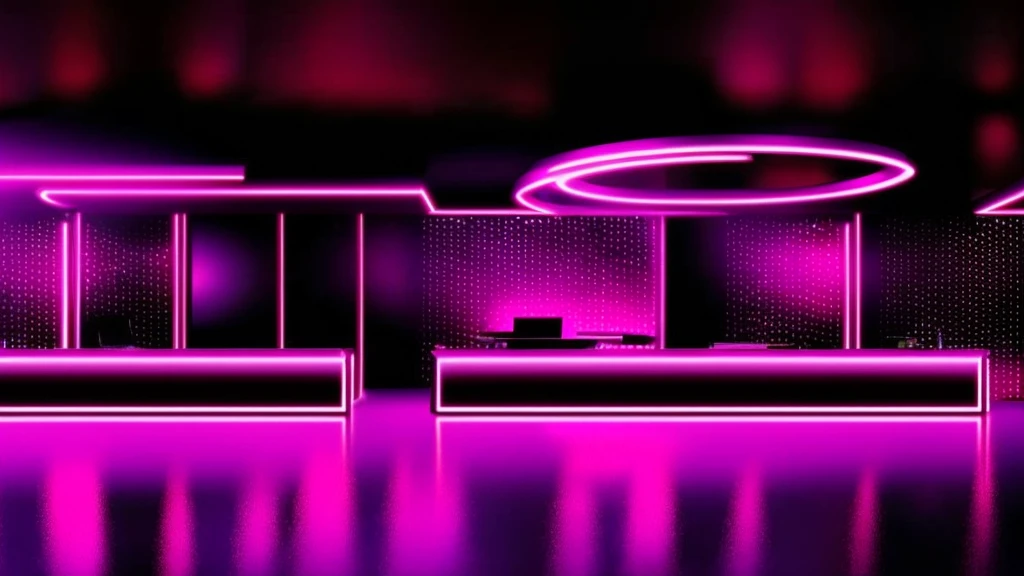 Illustration of a large bar with lots of pink lights, Dance Stage，大型Nightclub dancing inspired, ibiza Nightclub dancing inspired, cyberpunk Nightclub, sci-fi Nightclub, Nightclub, Nightclubs and neons, Nightclub, Futuristic Background, futuristic casino, 3D Rendering, neon accent lighting, Various lighting atmospheres, Magenta lighting. fantasy, Futuristic decoration, cyberpunk strip clubs