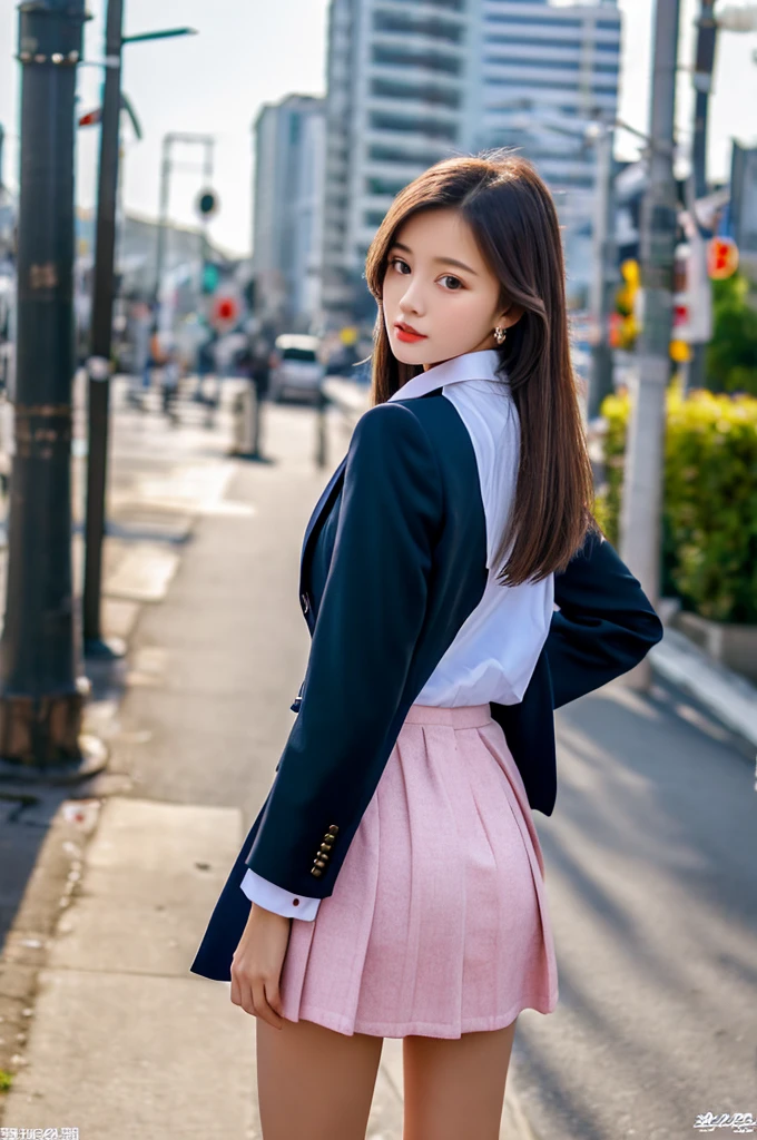 a 16 year old girl, she is the most beautiful actress in the world, the perfect body proportions of this girl, indirect breast bulge of her clothed upper body, the blazer is appropriately buttoned up on the formal shirt above the short skirt that's hardly covering the panties between her bare legs, it's only one description of one body, above her head and below her feet are no space, the front of her body, looking forward to viewer, she is standing, at the city street, nsfw, best quality, highly detailed, masterpiece, ultra high res, photo realistic, 8k, RAW photo