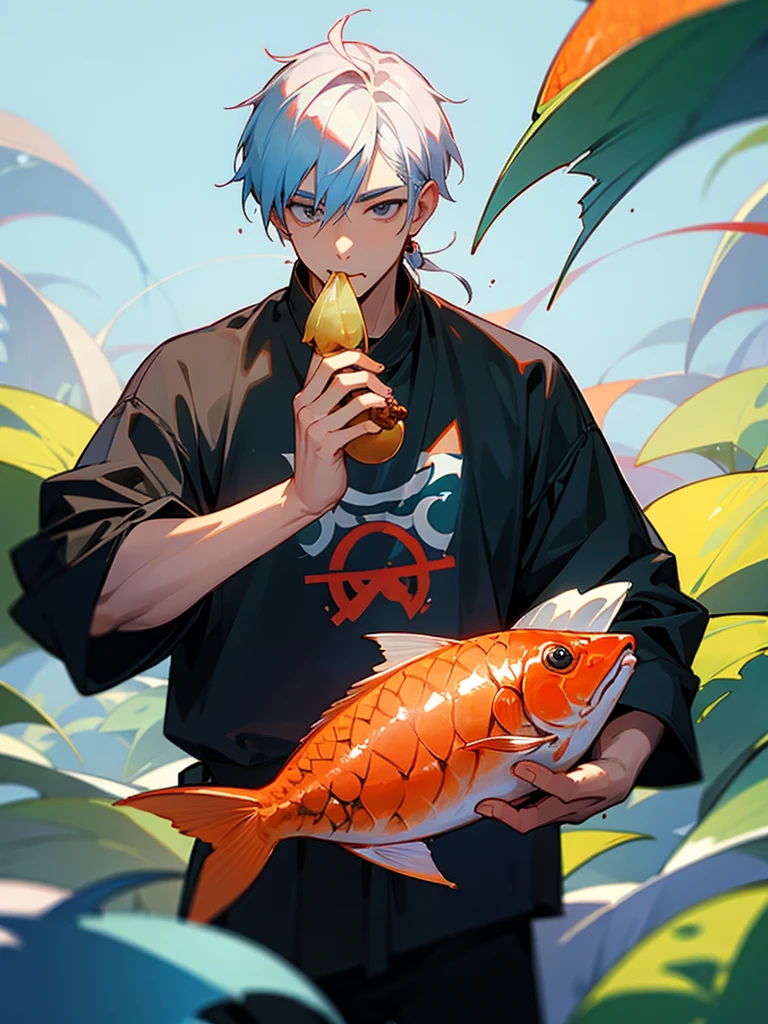 A guy eating a fishball.