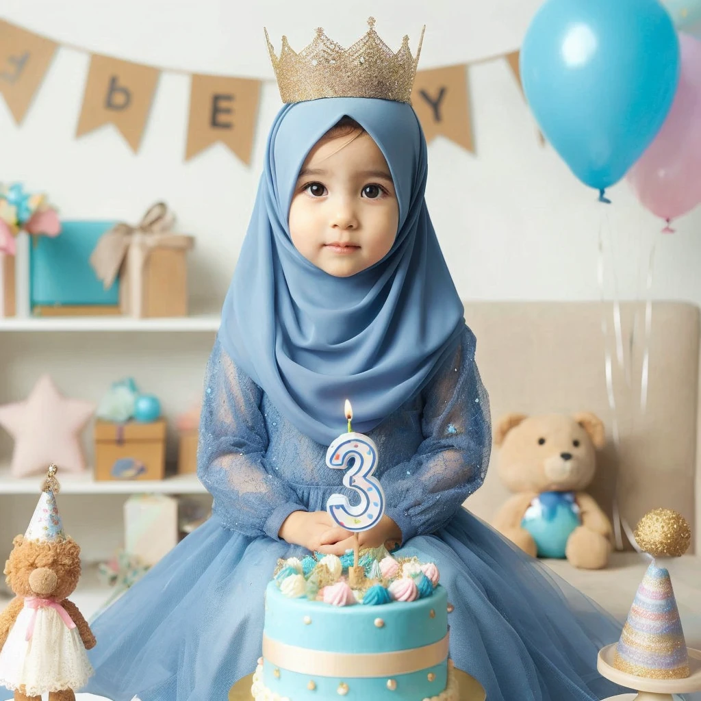 real potrait, full body, long shot, a wearing a hijab, Sit down, in front of him is a birthday cake, there are number candles "3", Behind there are birthday party accessories, festive atmosphere, charming bright colors