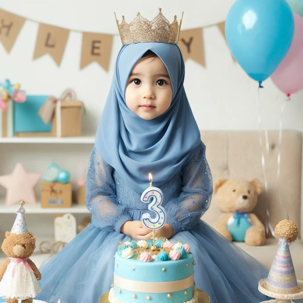 real potrait, full body, long shot, a 3-year-old girl wearing a hijab, Sit down, in front of him is a birthday cake, there are number candles "3", Behind there are birthday party accessories, festive atmosphere, charming bright colors 