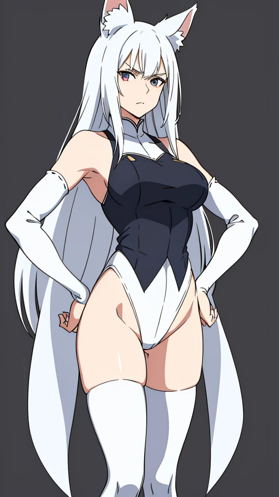 1girl ,solo,20s,mature female,serious face,white hair,long hair,fox ears,(simple background), white leotard,white thighhighs,