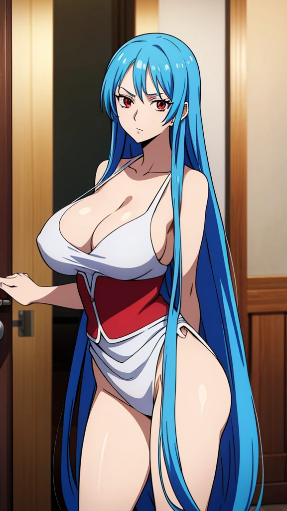 female character from one piece with very long blue hair and very red eyes