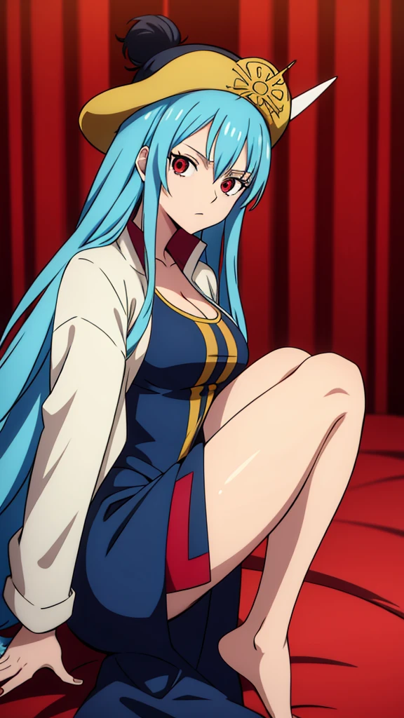 female character from one piece with very long blue hair and very red eyes