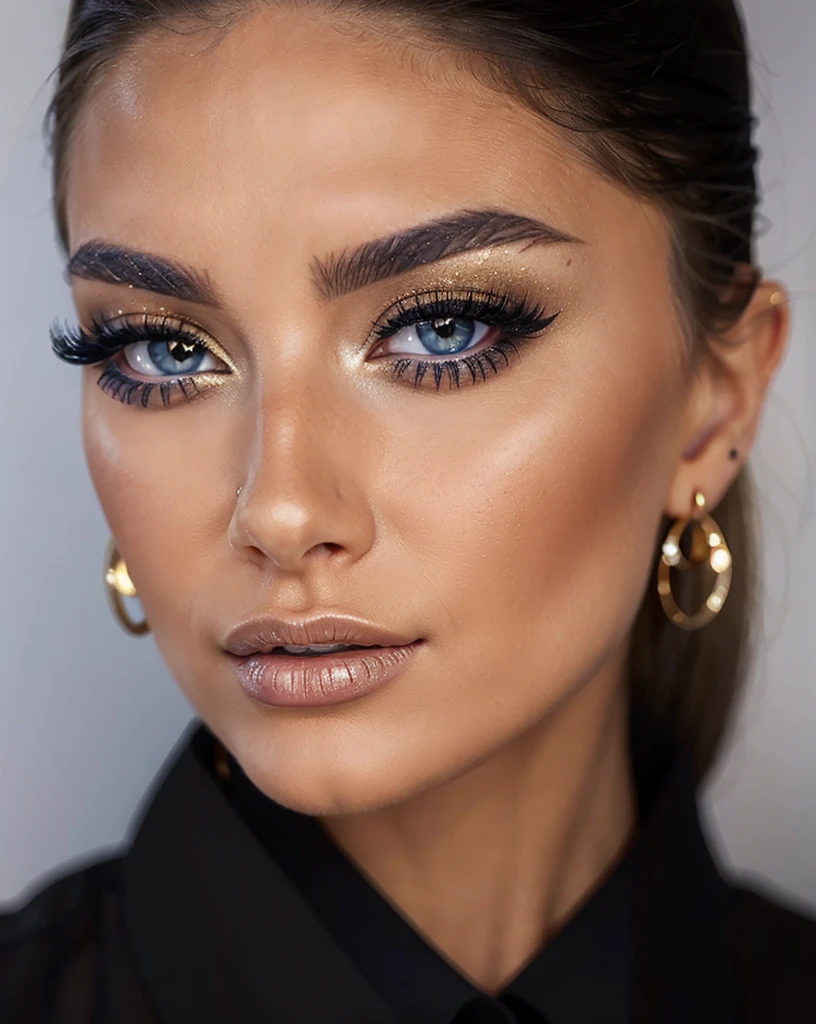 blonde blue eyes Close-up of a woman wearing a black shirt and gold earrings, sexy face with full makeup, Flawless olive skin, Amazing beauty, , with professional makeup, face close up, stunning closeup, full face close-up portrait, , Flawless face, closeup of face,