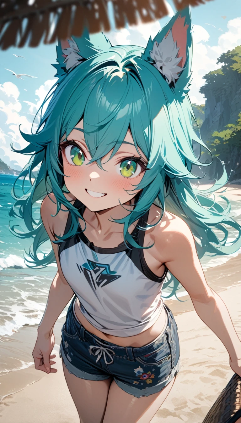 NSFW,masterpiece,Highest quality,High resolution,Super detailed,Sinon\(Sword Art Online\),High quality black and white sexy bikini,green cropped jacket,Short sleeve,Black shorts, hair ornaments, Hair Clip,Embarrassed,expectant face,smile,blush,Fantasy,beach,Palm tree,Rock Shade,Beach parasol,Sitting