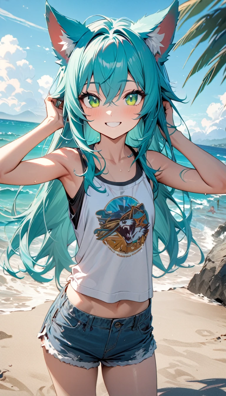 young boy, long turquoise hair, wolf ears, green eyes, beach, smile, femboy, only shorts, open torso, Masterpiece, best quality, Full HD, 8k, ultra details, great graphic