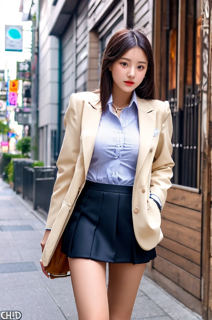 a 16 year old girl, she is the most beautiful actress in the world, the perfect body proportions of this girl, indirect breast bulge of her clothed upper body, the blazer is appropriately buttoned up on the formal shirt above the short skirt that's hardly covering the panties between her bare legs, it's only one description of one body, above her head and below her feet are no space, the front of her body, looking forward to viewer, she is standing, at the city street, nsfw, best quality, highly detailed, masterpiece, ultra high res, photo realistic, 8k, RAW photo
