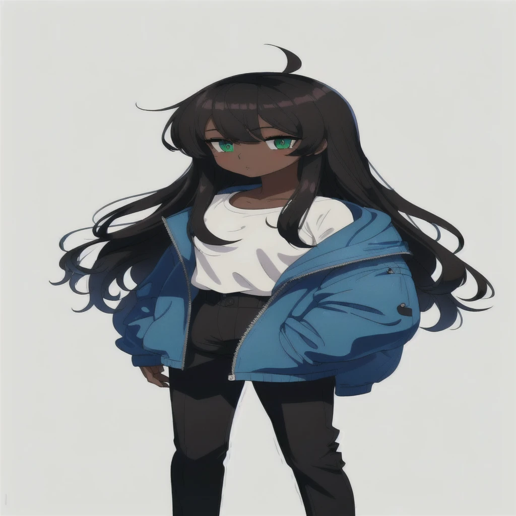 Masterpiece, of the highest quality,1 girl,Dark skin,BROWN SKIN,thick body,huge ass,big hips,big thighs,long black hair,eye hidden by bangs,green eyes,Blue jacket,White shirt,Black pants,blue shoes,
