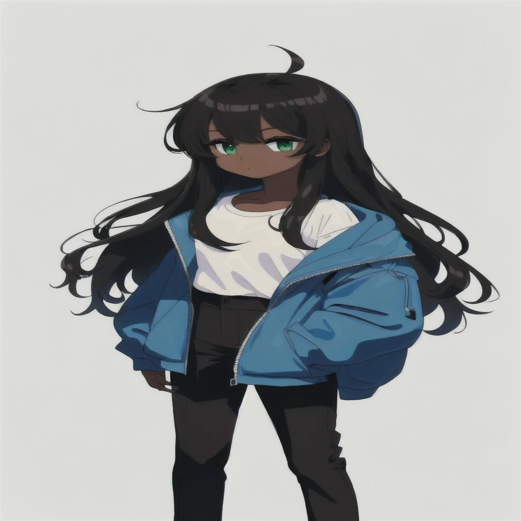 Masterpiece, of the highest quality,1 girl,Dark skin,BROWN SKIN,thick body,huge ass,big hips,big thighs,long black hair,eye hidden by bangs,green eyes,Blue jacket,White shirt,Black pants,blue shoes,
