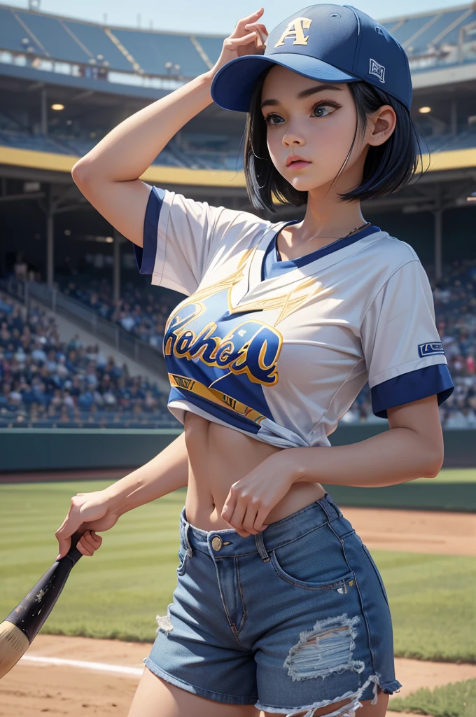 Highest quality、High resolution、Detailed Background、Beautiful Face、High detail、(Perfect Anatomy, Perfect Style)、(Detailed facial expressions)、(fine grain:1.2)、age Beauty、One Girl、Young college student、(wide shoot:1.2, whole body:1.2), (open stance:1.2),  (shoot from behind:1.2), ((looking away:1.2)), Holding a metal bat in one hand、Stand in the batter's box, preview home run,　Cute black hair、Big blue eyes、Braided bob cut, During a baseball game on the ground、(Baseball cap、T-Shirts、Shorts, socks、Yellow Spikes)、(Large Breasts:1.2, Pointed Chest:1.2, High chest:1.2), 