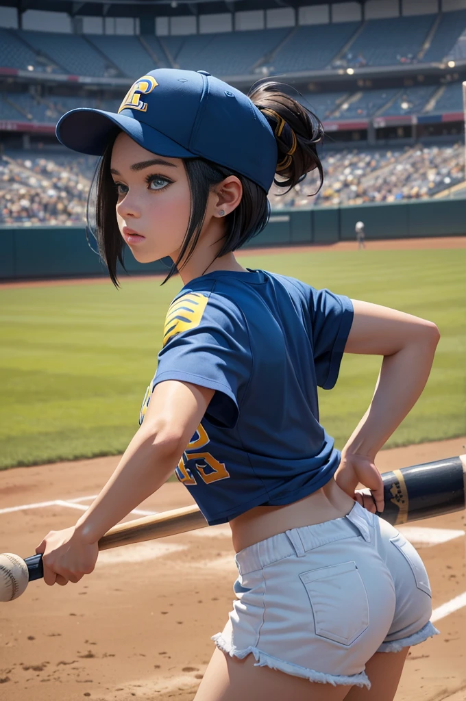 Highest quality、High resolution、Detailed Background、Beautiful Face、High detail、(Perfect Anatomy, Perfect Style)、(Detailed facial expressions)、(fine grain:1.2)、Teenage Beauty、One Girl、Young college student、(wide shoot:1.2, whole body:1.2), (open stance:1.2), (shoot from behind:1.2), ((looking away:1.2)), Holding a metal bat in one hand、Stand in the batter's box, preview home run, Cute black hair、Big blue eyes、Braided bob cut, During a baseball game on the ground、(Baseball cap、T-Shirts、Shorts, socks、Yellow Spikes)、(Large Breasts:1.2, Pointed Chest:1.2, High chest:1.2),