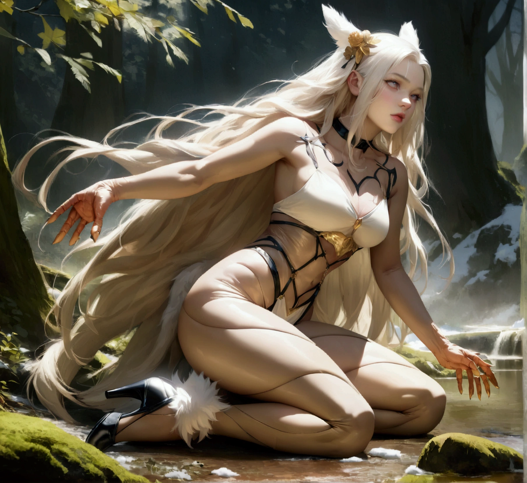 ultra-detailed, masterpiece, masterwork, high quality, best quality, hdr, (nature, night), posted on e621, (by hioshiru), nsfw, female, solo, (nude, tits, pubic hair), (little white body minotaur), hairy dragon, (white body), (long golden hair, yellow eyes), standing, from below, dynamic angle