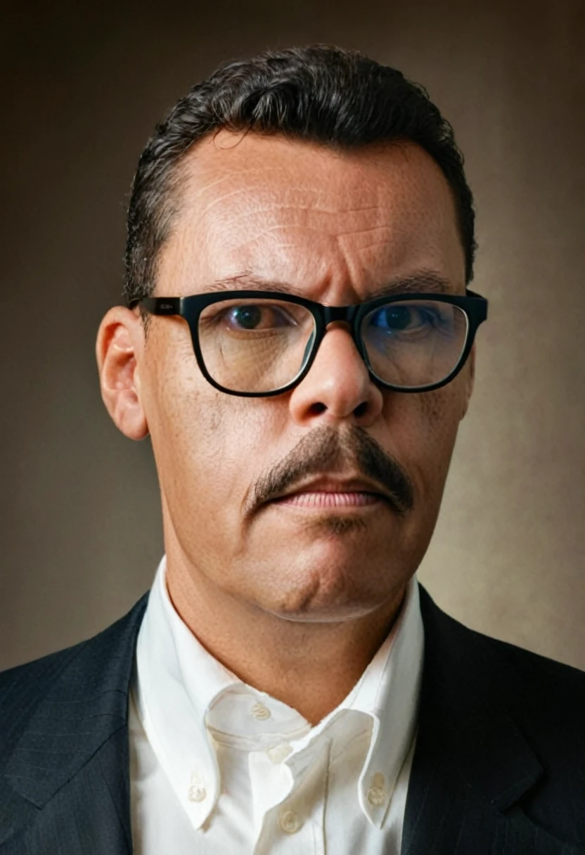 A highly realistic, RAW portrait of a man wearing glasses inspired by a vintage photograph. He has a neatly groomed mustache and short, wavy hair. His attire consists of a dark suit with a white shirt, reflecting an early 20th-century style. The man's expression is serious yet composed, and he gazes slightly off-camera. The background is subtly textured, giving a nostalgic, sepia-toned effect. The lighting is soft and even, emphasizing the historical ambiance and authenticity of the portrait.,gutto2024abr