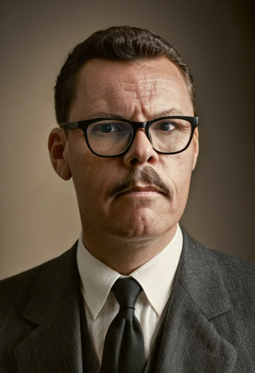 A highly realistic, RAW portrait of a man wearing glasses inspired by a vintage photograph. He has a neatly groomed mustache and short, wavy hair. His attire consists of a dark suit with a white shirt, reflecting an early 20th-century style. The man's expression is serious yet composed, and he gazes slightly off-camera. The background is subtly textured, giving a nostalgic, sepia-toned effect. The lighting is soft and even, emphasizing the historical ambiance and authenticity of the portrait.,gutto2024abr 