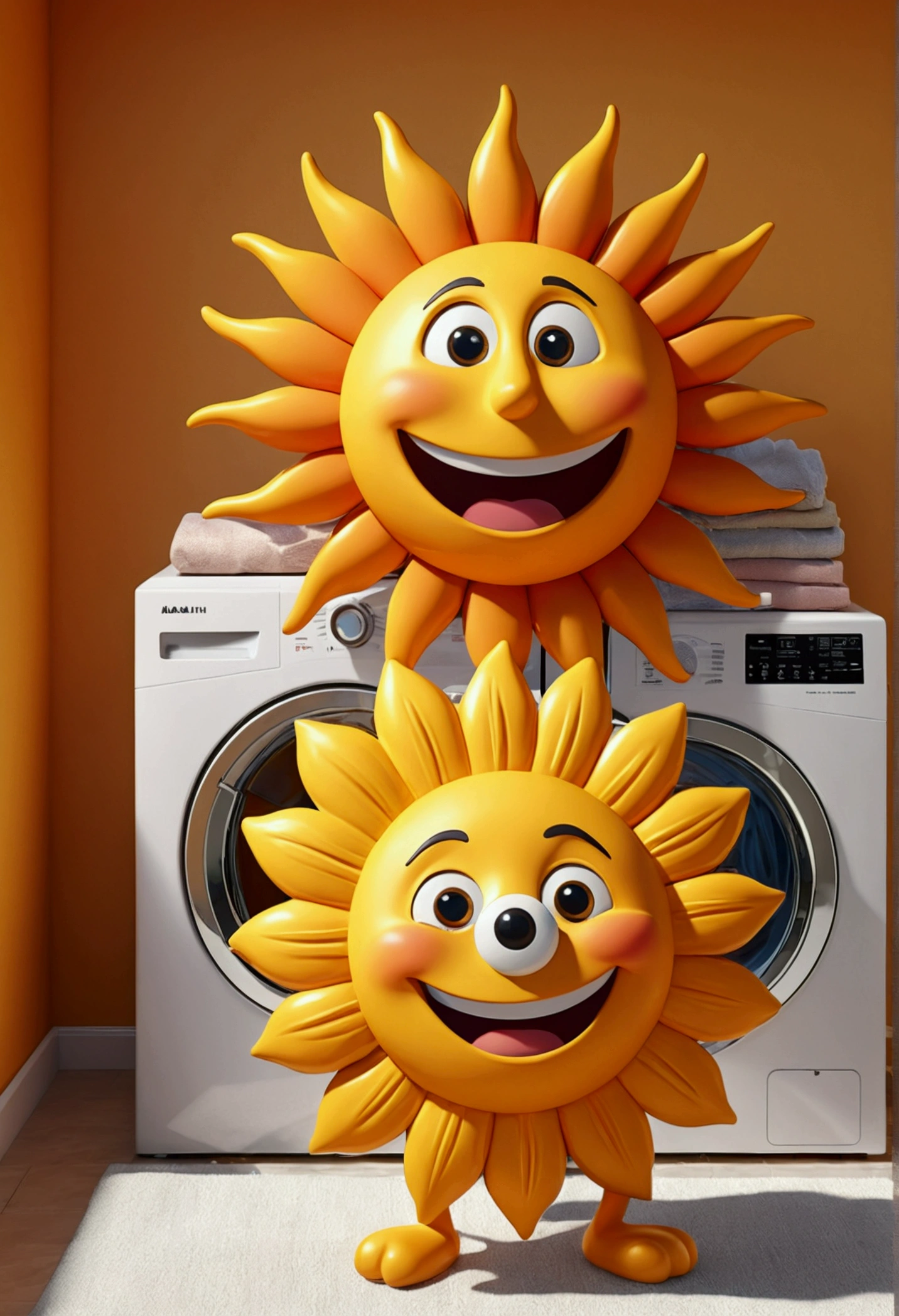 (design of character),personagem animado maquina de lavar, Sun with enthusiasm and joy while standing in front laundry, anthropomorphic sun, Mattresses are sun, smiling, big shiny eyes, Fantastic,Eccentric,similar to a fairy tale, super detailing, pixel style, vibrant with colors, soft natural light, solid color backdrop, 5-octane rendering, a gorgeous, Ultra Wide Angle, 8k, high realism, 8k