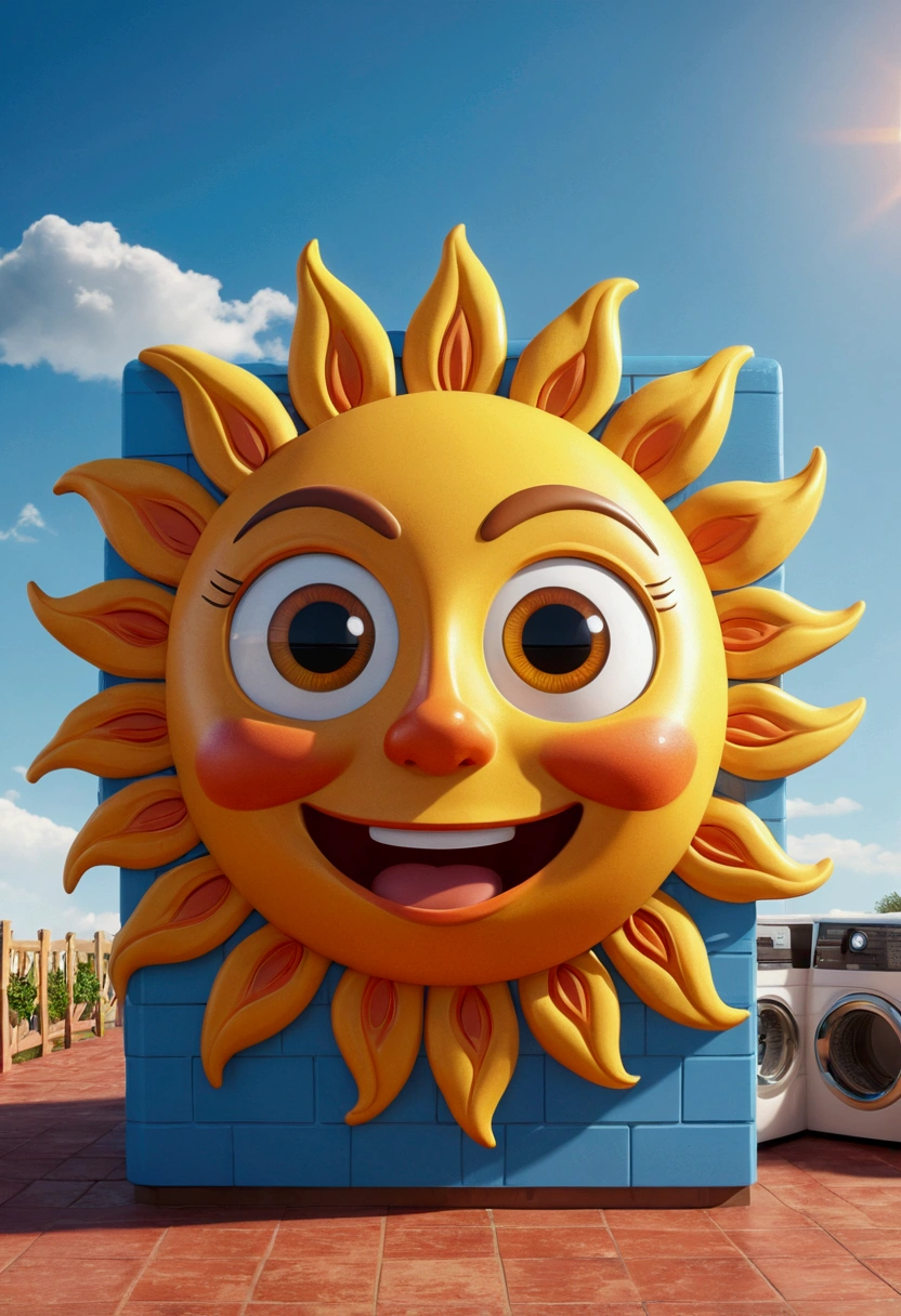 (design of character),personagem animado maquina de lavar, Sun with enthusiasm and joy while standing in front laundry, anthropomorphic sun, Mattresses are sun, smiling, big shiny eyes, Fantastic,Eccentric,similar to a fairy tale, super detailing, pixel style, vibrant with colors, soft natural light, solid color backdrop, 5-octane rendering, a gorgeous, Ultra Wide Angle, 8k, high realism, 8k